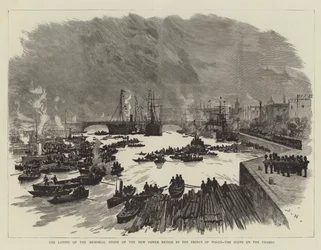 Die Grundsteinlegung der neuen Tower Bridge durch den Prinzen von Wales, die Szene auf der Themse